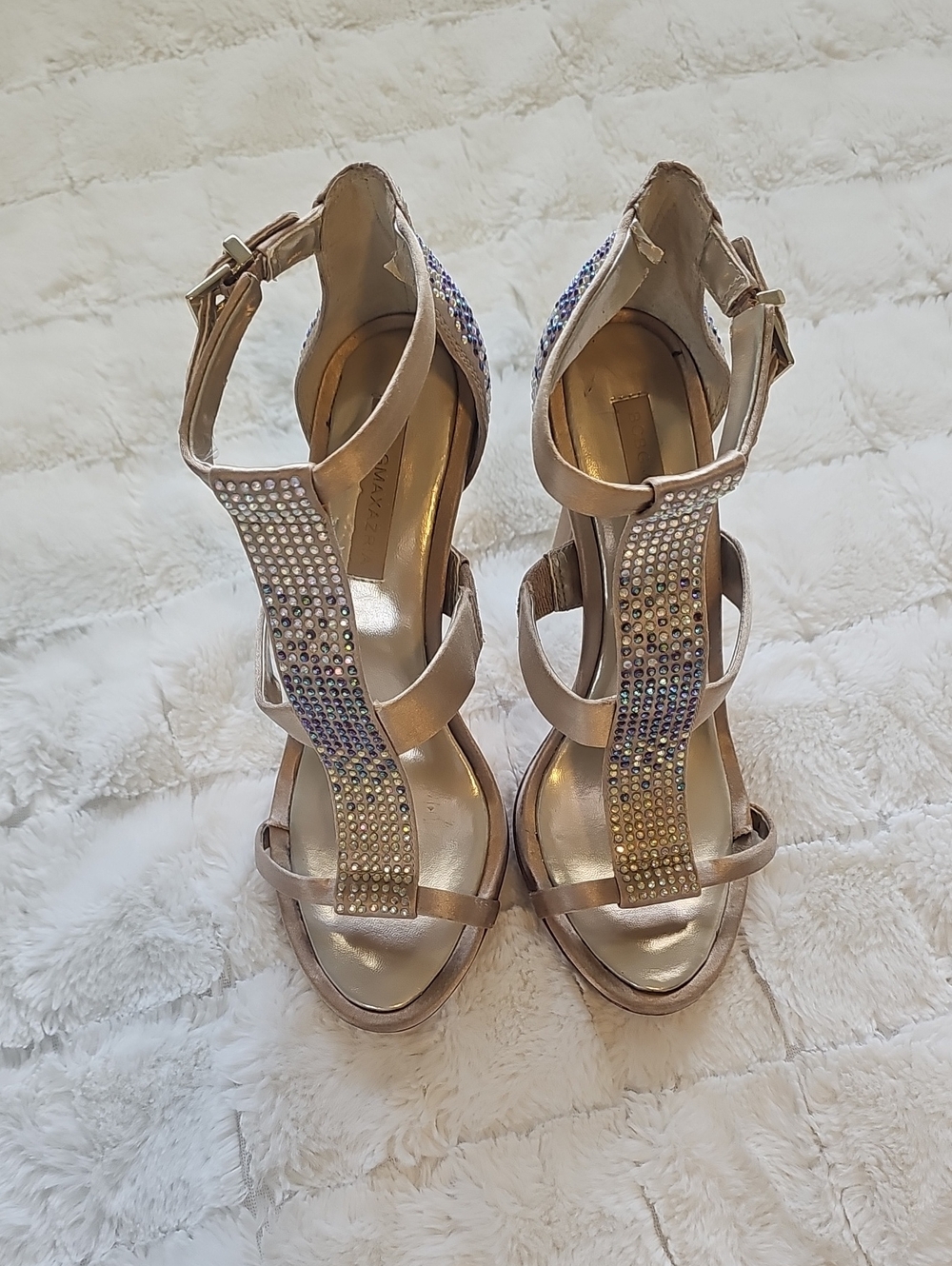 BCBGMaxAzria Taupe Metallic T-Strap Crystal Heels